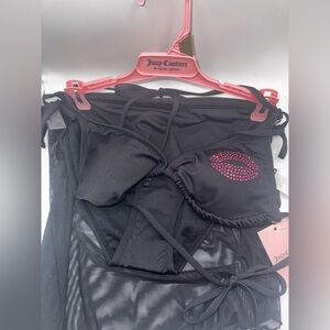 NWT Juicy Couture 3 Piece Rhinestone Lips Kiss Bikini Black Size L